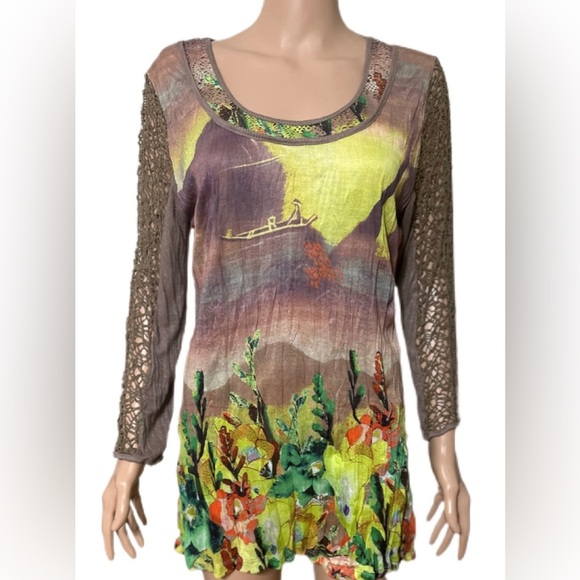 Elena Wang Boho Blouse XL Multicolor Floral Art Print Crochet Lace Sleeve Blouse - Picture 1 of 6
